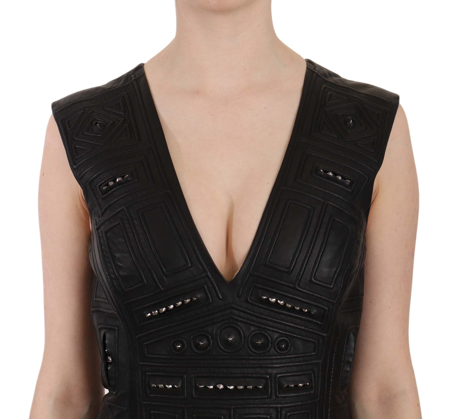Mini abito a trapezio in pelle nera con borchie John Richmond