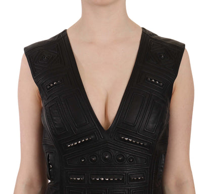 Mini abito a trapezio in pelle nera con borchie John Richmond