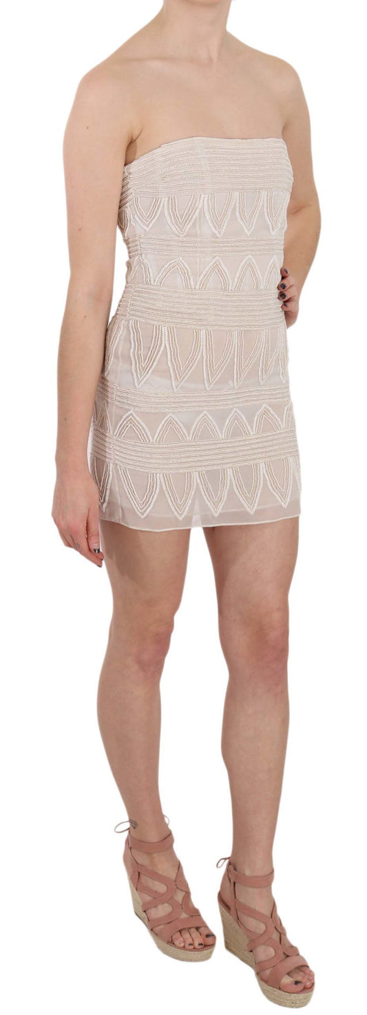 Abito corto in seta beige con perline John Richmond