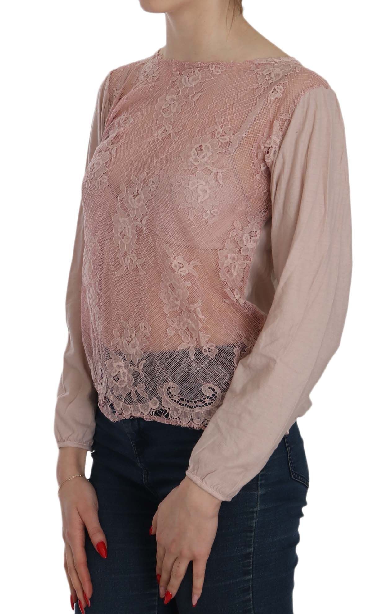 PINK MEMORIES Blusa a maniche lunghe in pizzo rosa trasparente