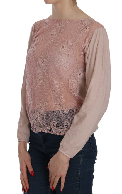 PINK MEMORIES Blusa a maniche lunghe in pizzo rosa trasparente