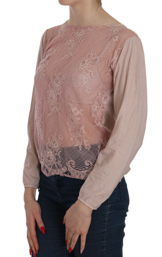 PINK MEMORIES Blusa a maniche lunghe in pizzo rosa trasparente