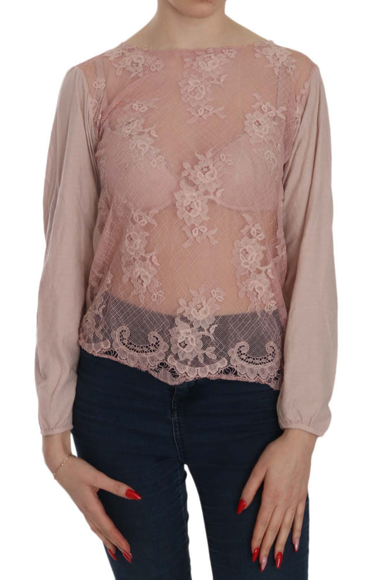 PINK MEMORIES Blusa a maniche lunghe in pizzo rosa trasparente