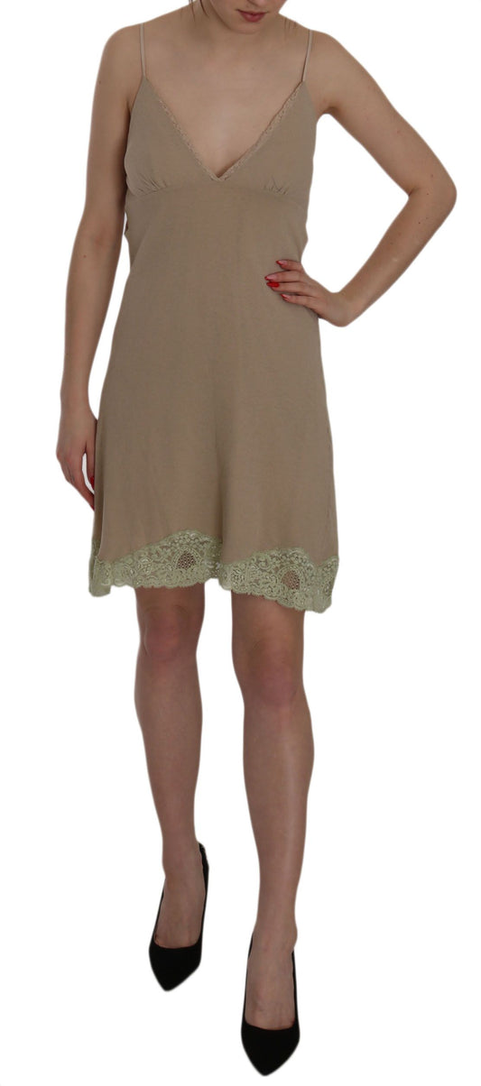 PINK MEMORIES Mini abito in cotone con spalline sottili in pizzo beige