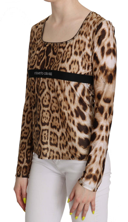 Roberto Cavalli Top da donna in maglia leopardata con scollo rotondo marrone