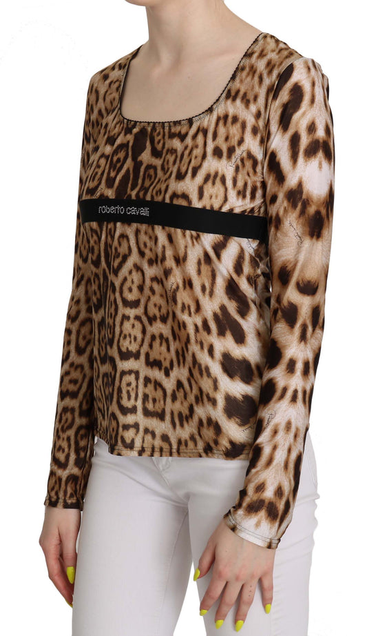 Roberto Cavalli Top da donna in maglia leopardata con scollo rotondo marrone