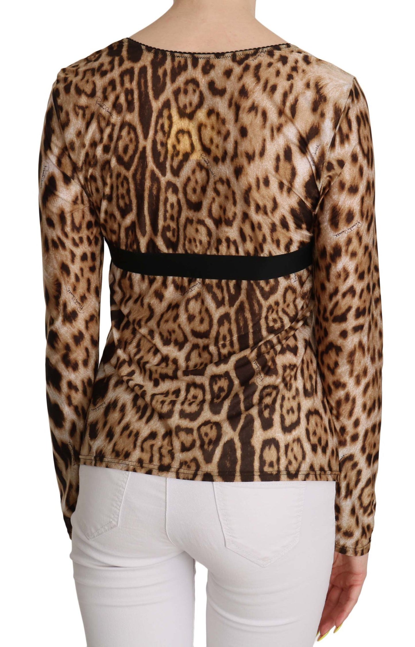 Roberto Cavalli Top da donna in maglia leopardata con scollo rotondo marrone