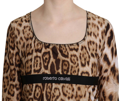 Roberto Cavalli Top da donna in maglia leopardata con scollo rotondo marrone