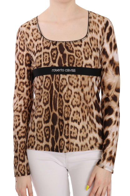 Roberto Cavalli Top da donna in maglia leopardata con scollo rotondo marrone