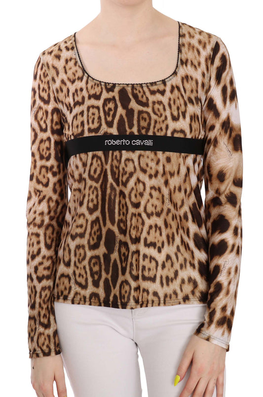 Roberto Cavalli Top da donna in maglia leopardata con scollo rotondo marrone