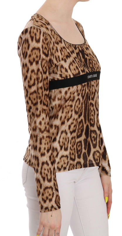 Roberto Cavalli Top da donna in maglia leopardata con scollo rotondo marrone