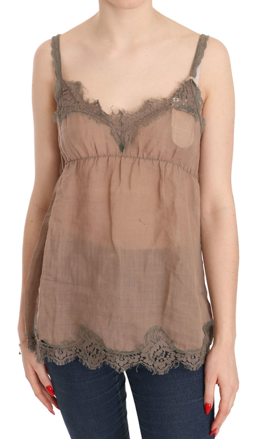 PINK MEMORIES Blusa con scollo profondo e spalline sottili in pizzo marrone