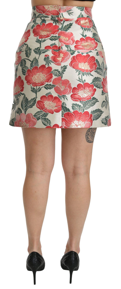 Minigonna a vita alta con stampa floreale bianca, verde e rossa Dolce &amp; Gabbana