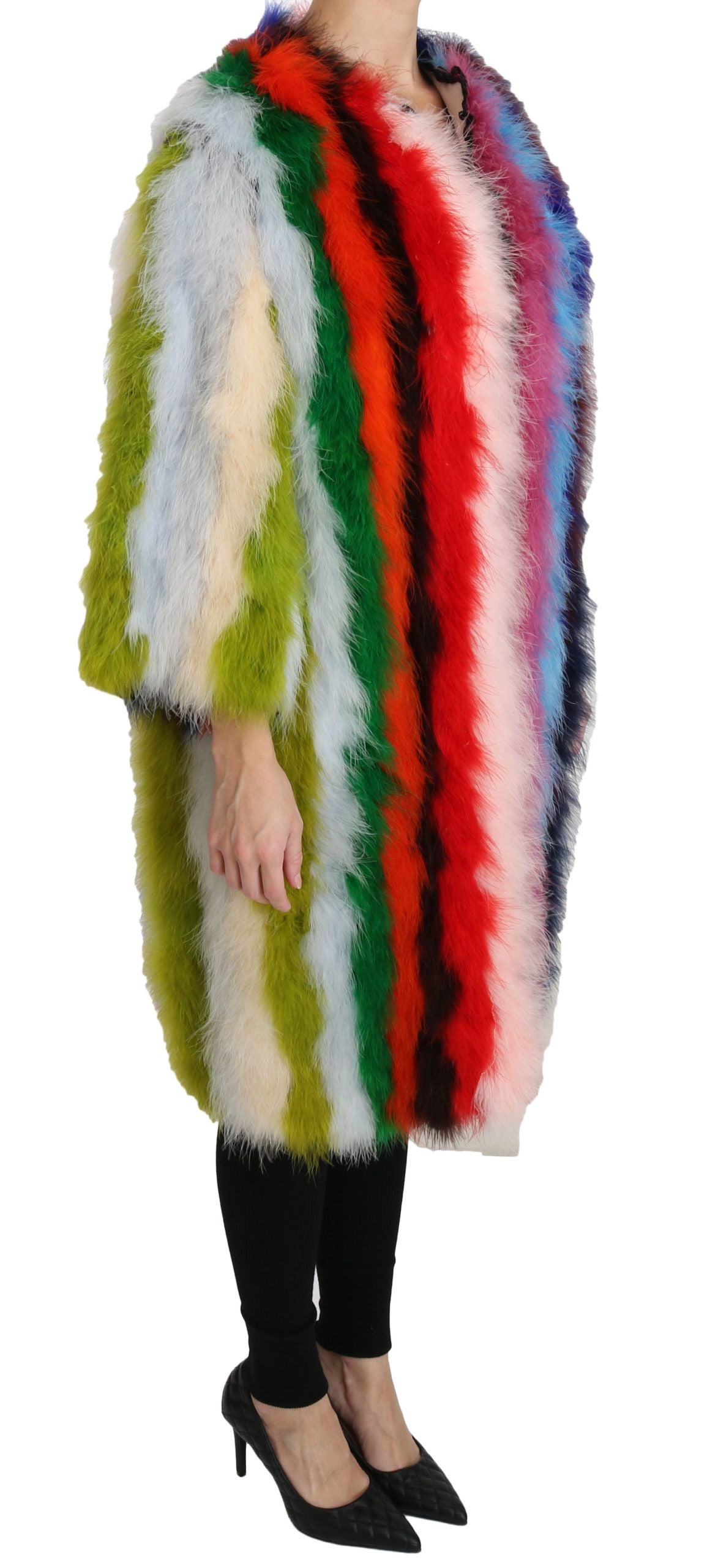 Cappotto di pelliccia multicolore con piume di tacchino Dolce &amp; Gabbana
