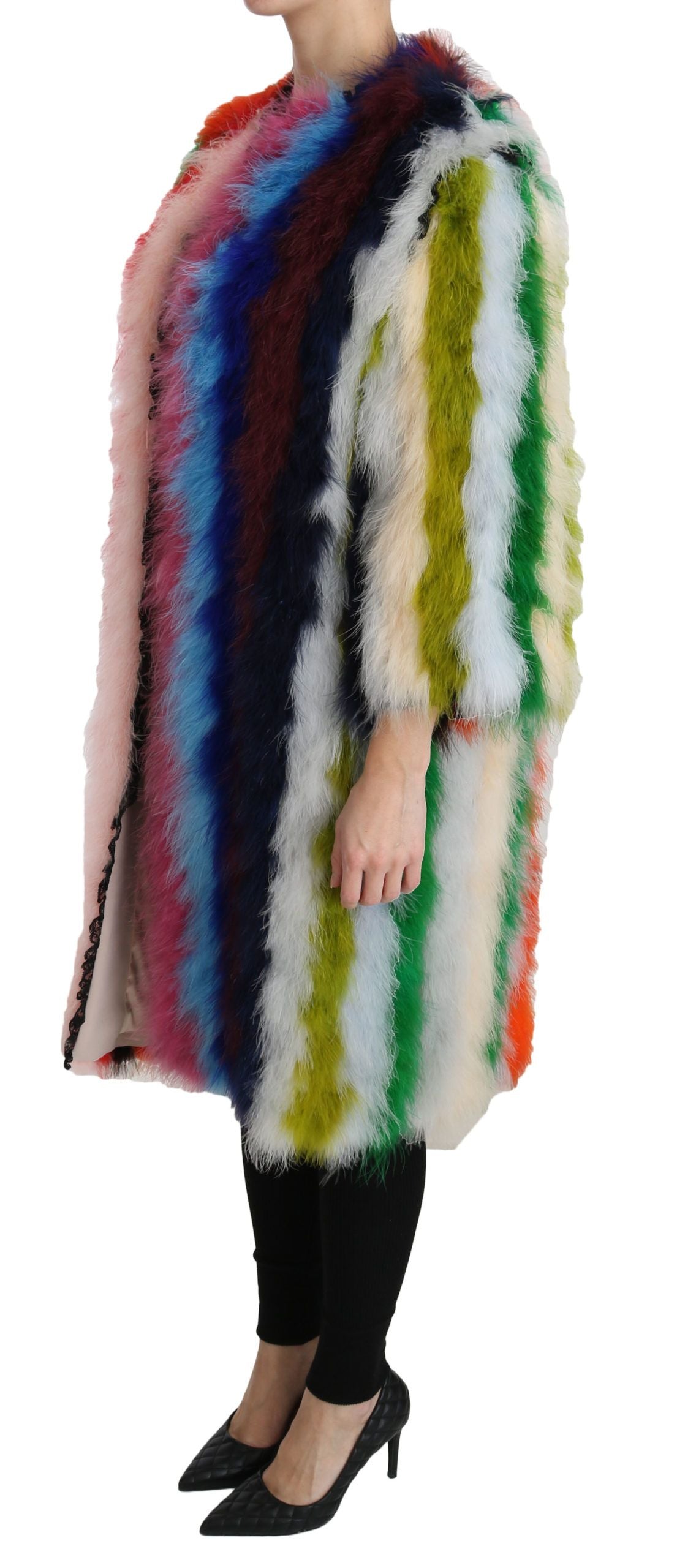 Cappotto di pelliccia multicolore con piume di tacchino Dolce &amp; Gabbana