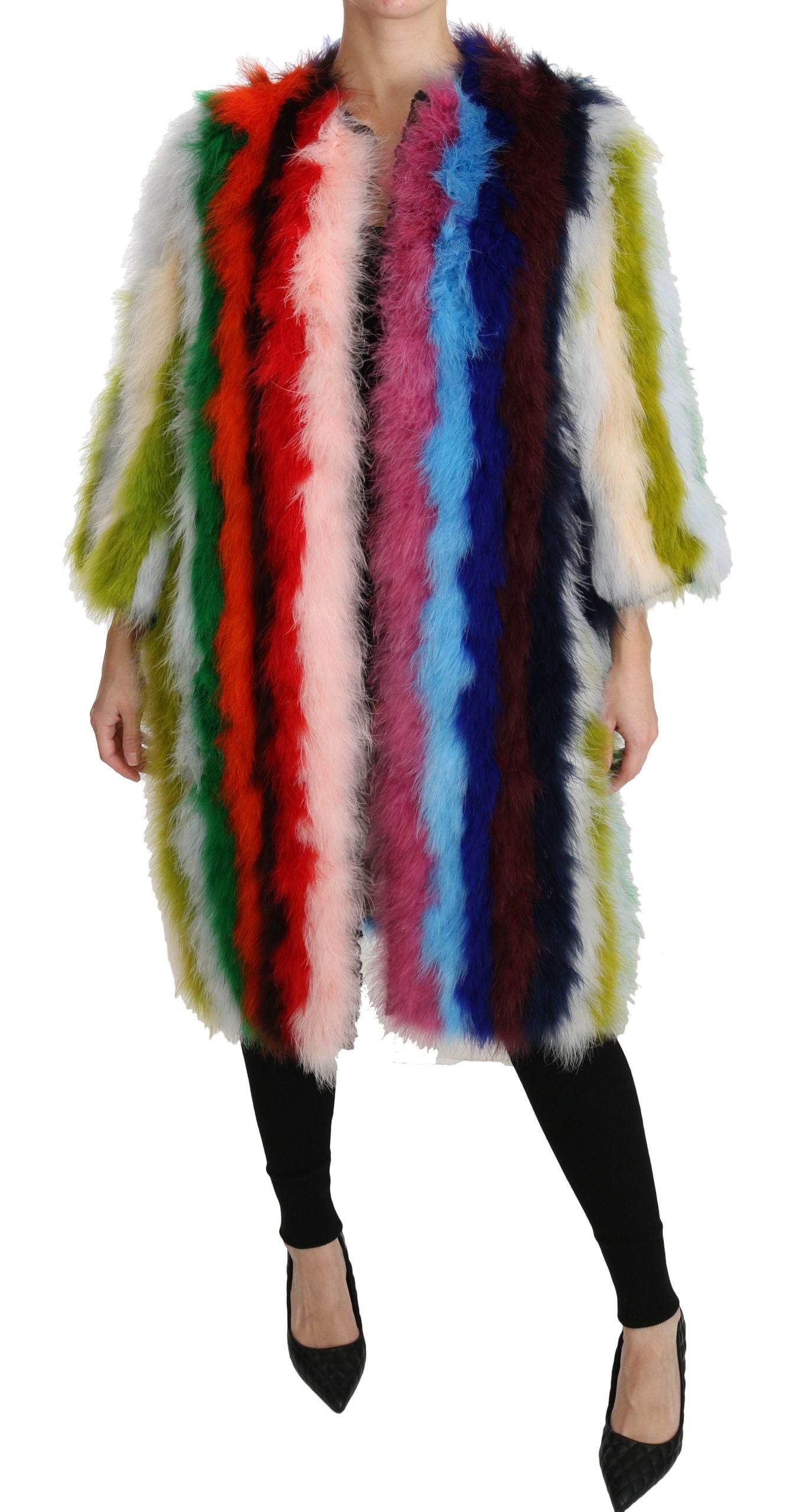 Cappotto di pelliccia multicolore con piume di tacchino Dolce &amp; Gabbana