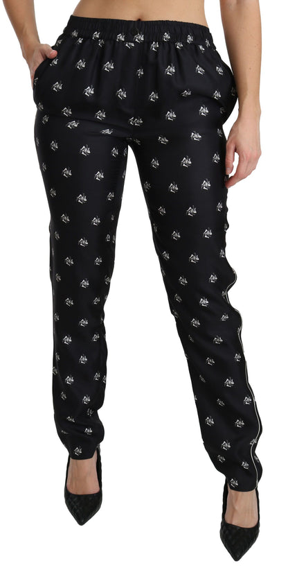 Pantaloni skinny in seta a vita media con stampa nera Dolce &amp; Gabbana