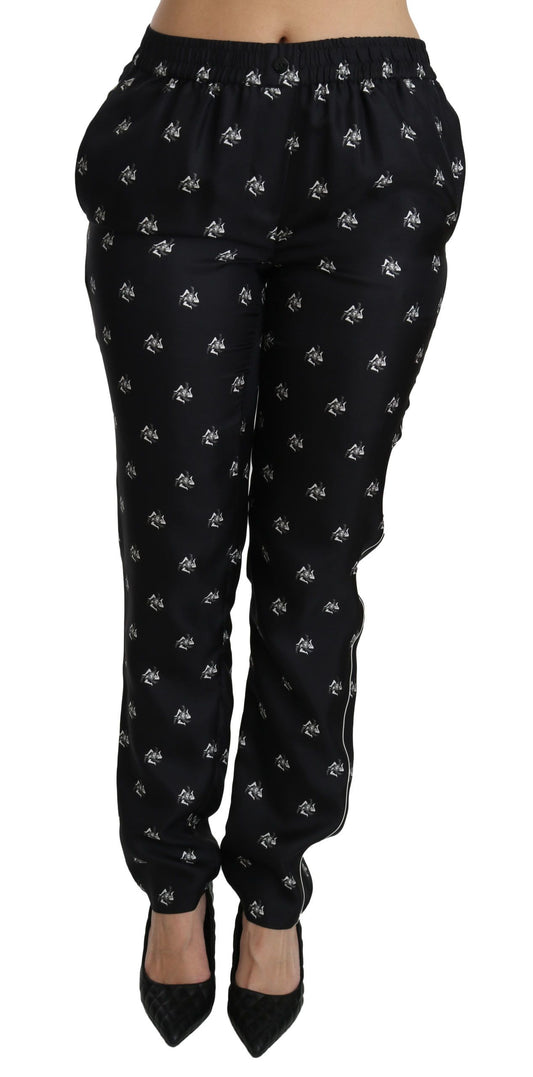 Pantaloni skinny in seta a vita media con stampa nera Dolce &amp; Gabbana