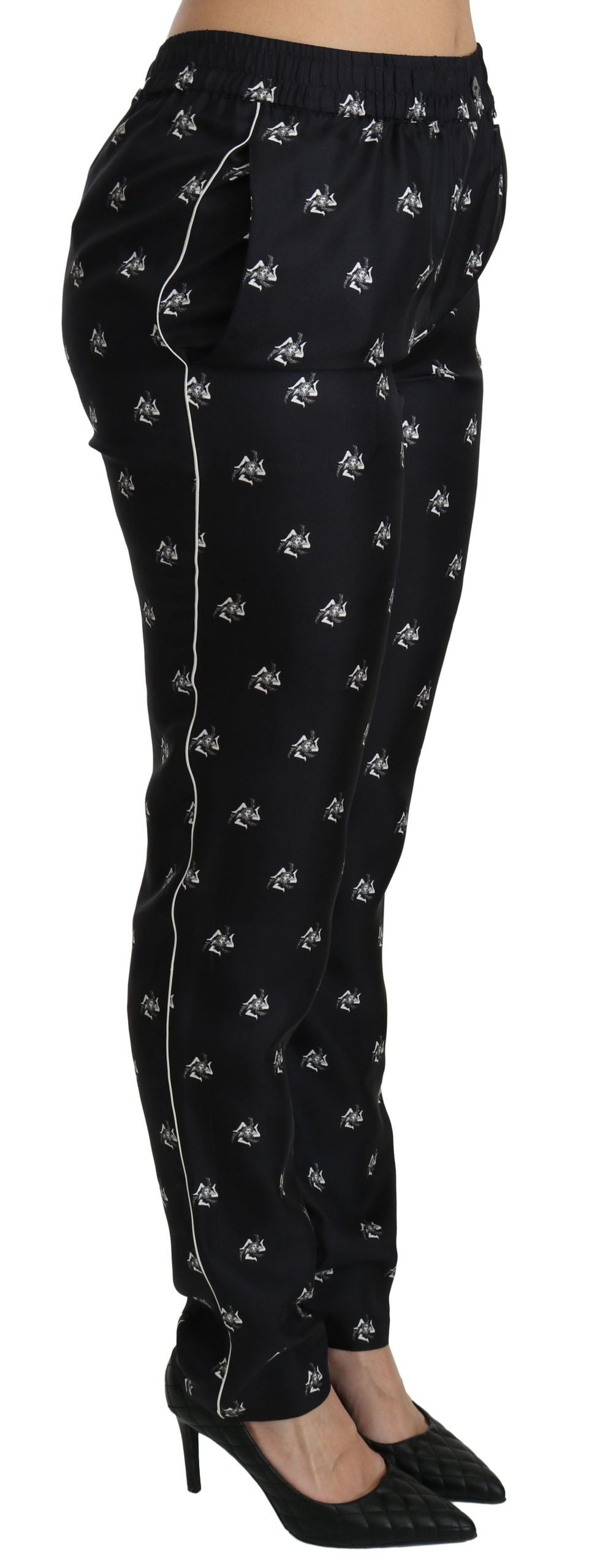 Pantaloni skinny in seta a vita media con stampa nera Dolce &amp; Gabbana