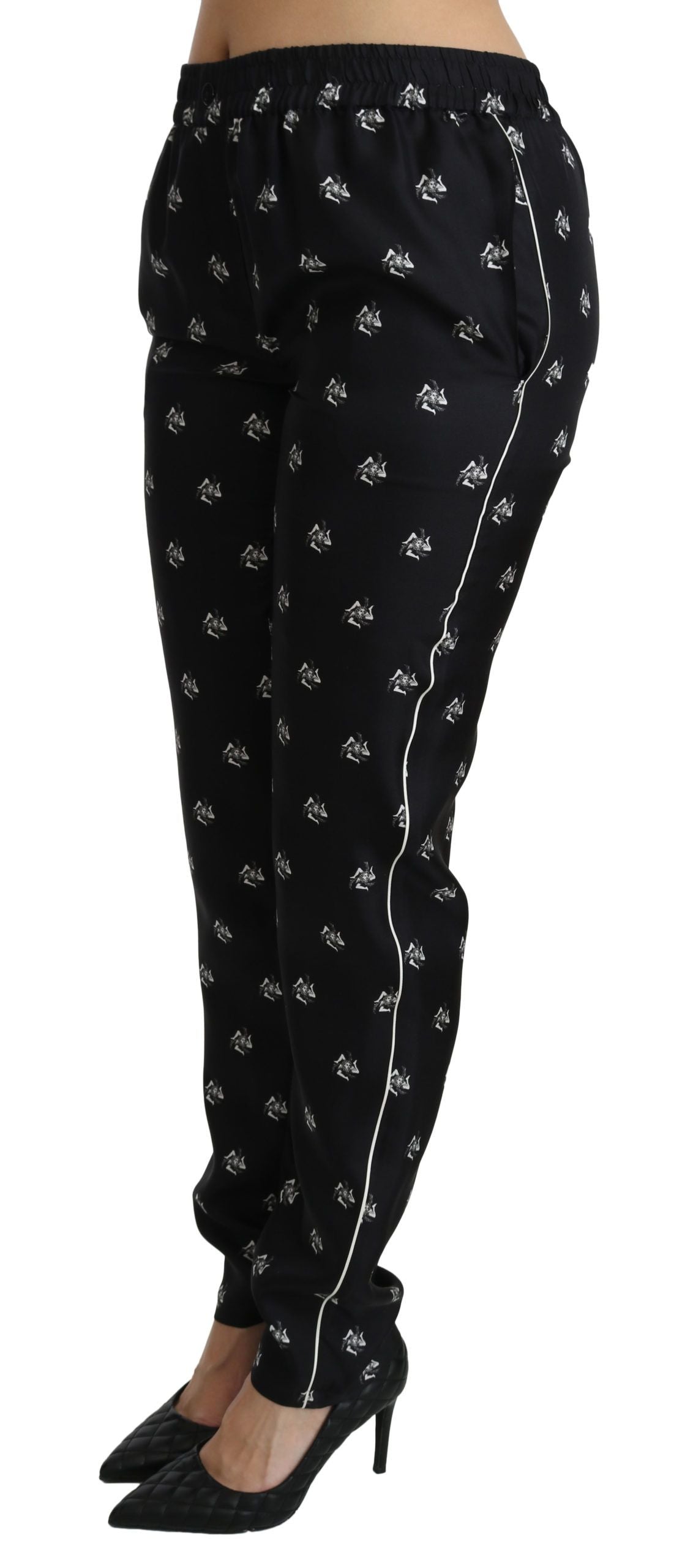 Pantaloni skinny in seta a vita media con stampa nera Dolce &amp; Gabbana