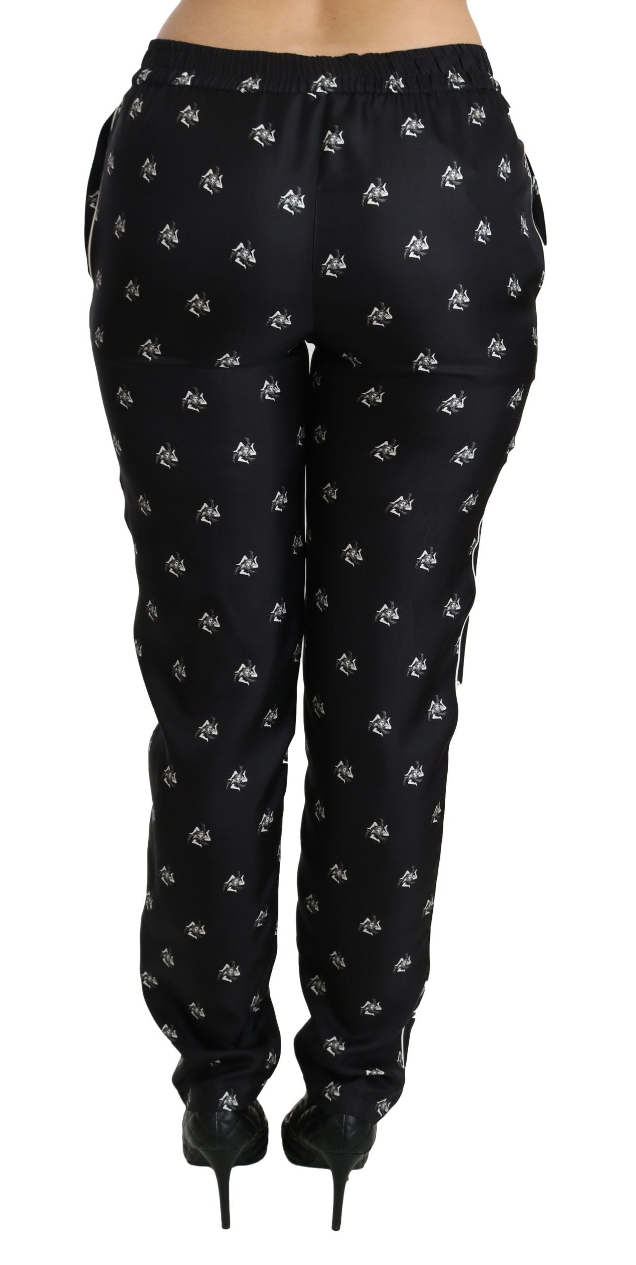 Pantaloni skinny in seta a vita media con stampa nera Dolce &amp; Gabbana