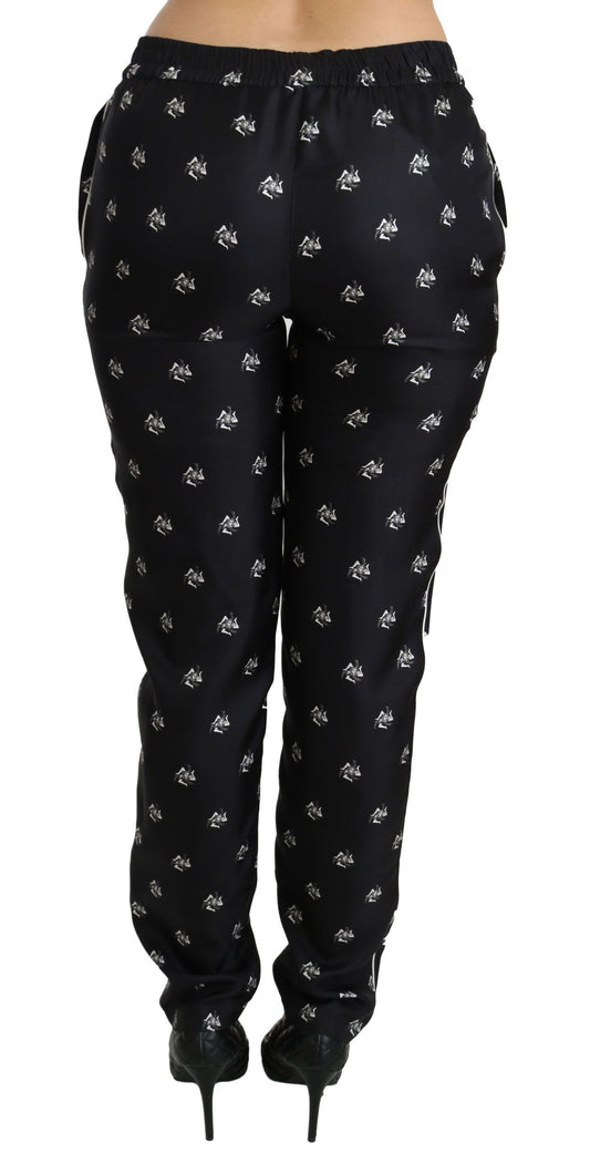 Pantaloni skinny in seta a vita media con stampa nera Dolce &amp; Gabbana