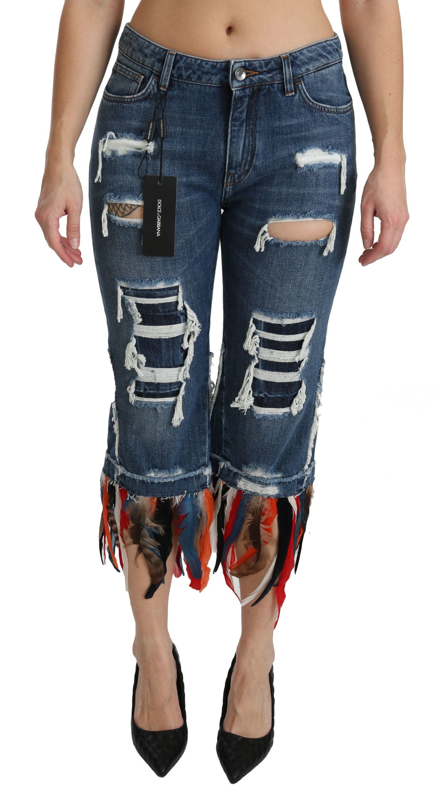Jeans in cotone a vita bassa con piume blu Dolce &amp; Gabbana