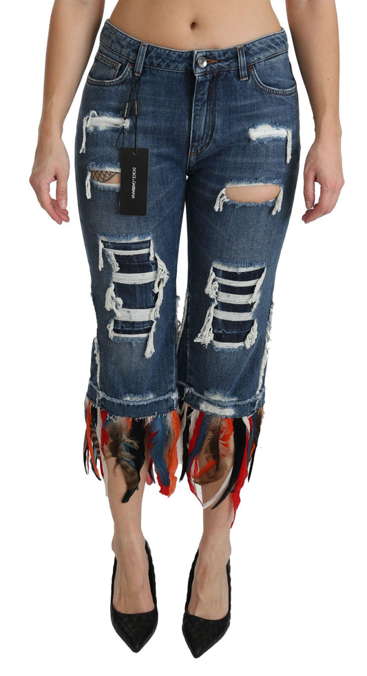 Jeans in cotone a vita bassa con piume blu Dolce &amp; Gabbana