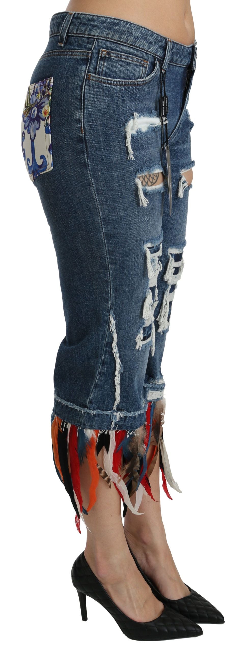 Jeans in cotone a vita bassa con piume blu Dolce &amp; Gabbana