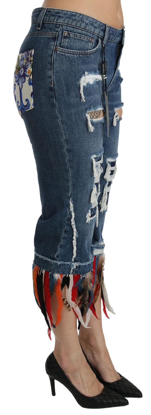 Jeans in cotone a vita bassa con piume blu Dolce &amp; Gabbana