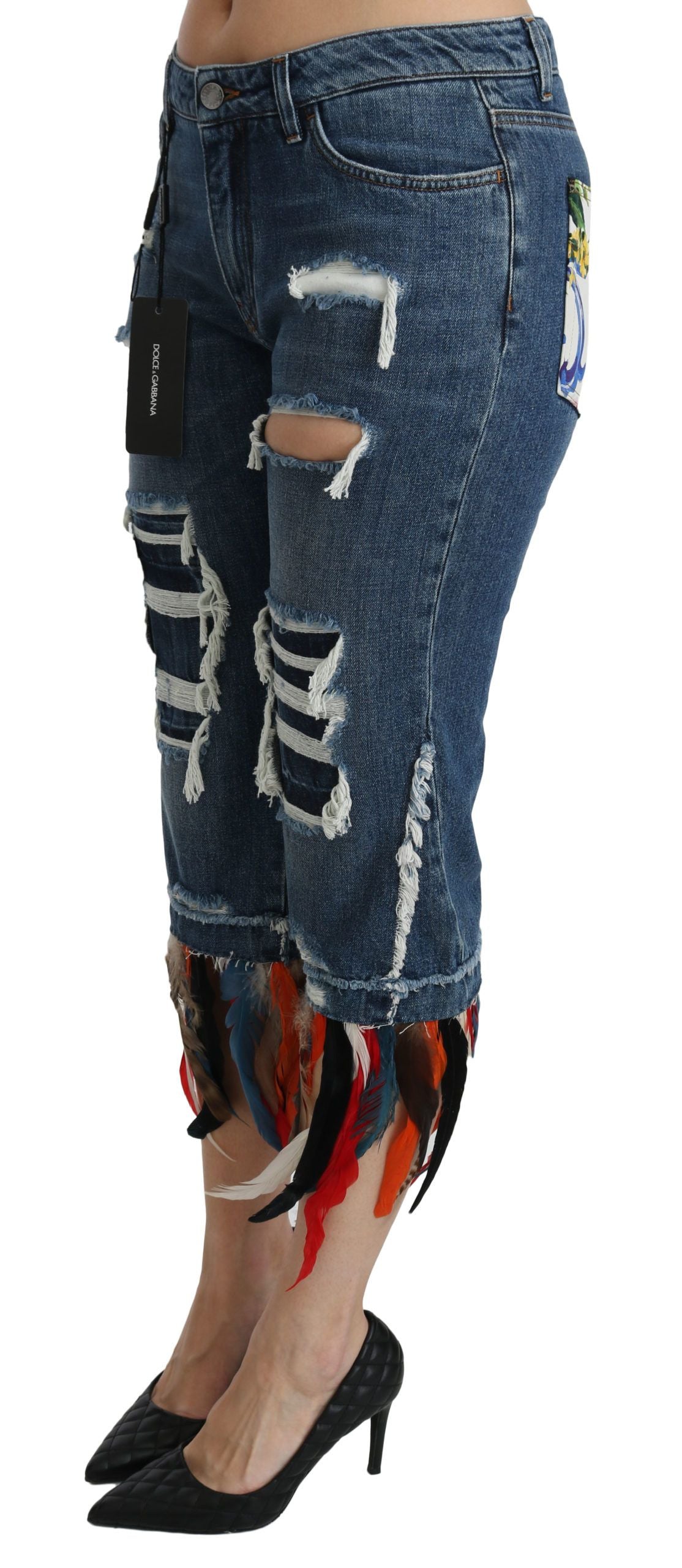 Jeans in cotone a vita bassa con piume blu Dolce &amp; Gabbana
