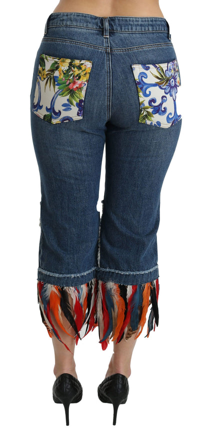 Jeans in cotone a vita bassa con piume blu Dolce &amp; Gabbana