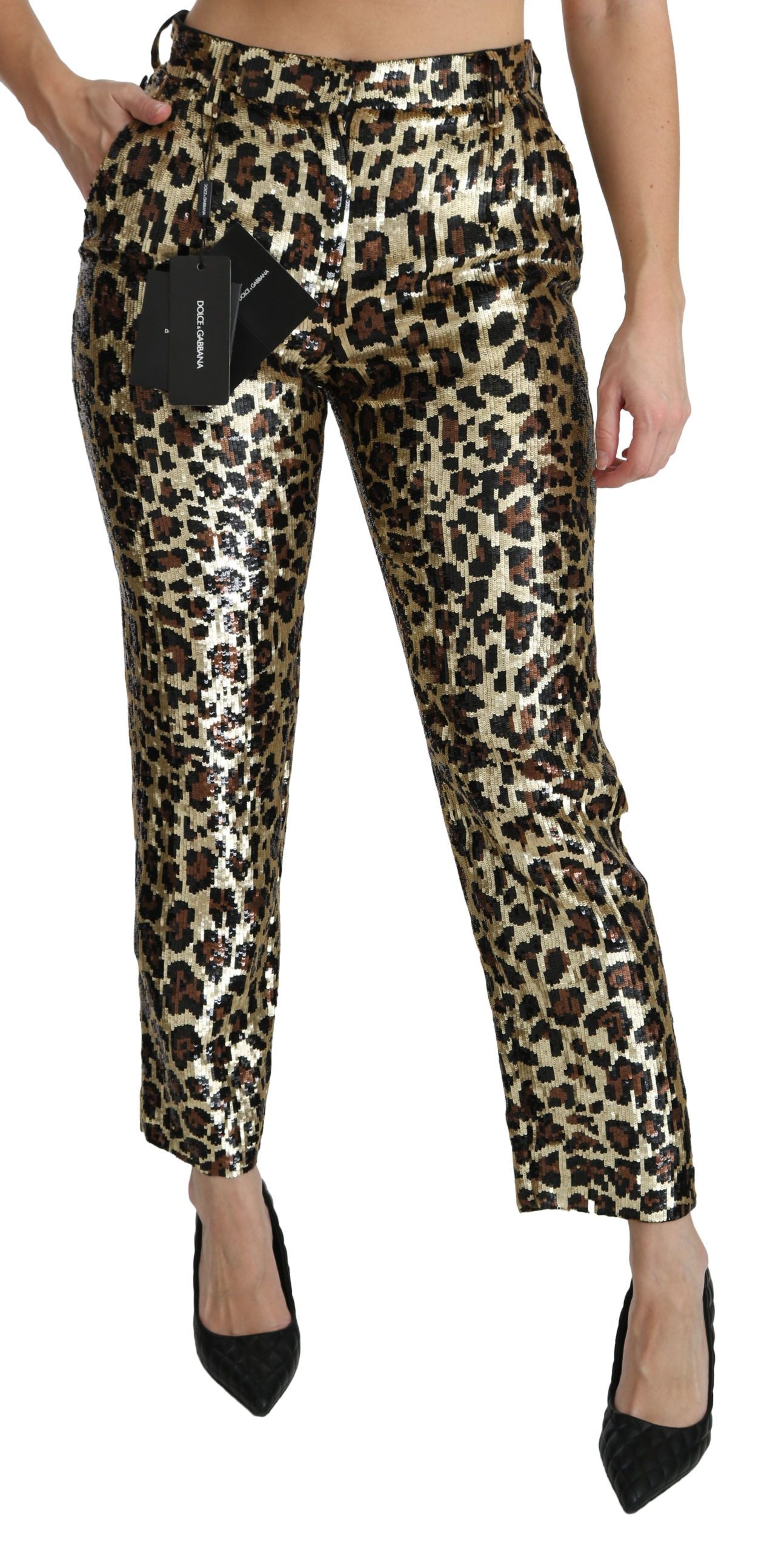 Pantaloni a vita alta con paillettes leopardate marroni Dolce &amp; Gabbana