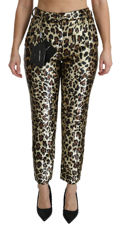 Pantaloni a vita alta con paillettes leopardate marroni Dolce &amp; Gabbana