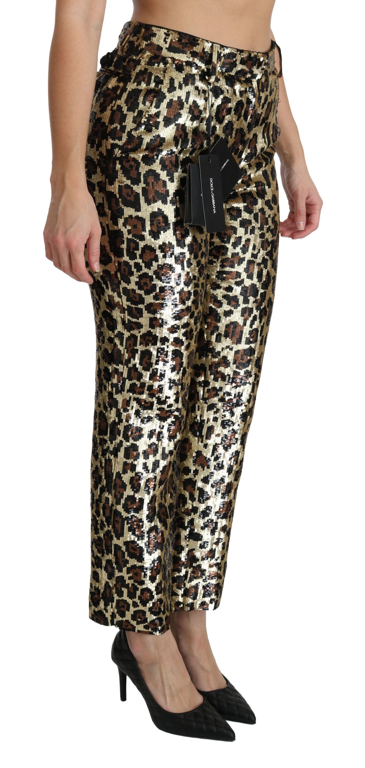 Pantaloni a vita alta con paillettes leopardate marroni Dolce &amp; Gabbana