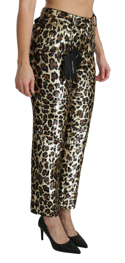 Pantaloni a vita alta con paillettes leopardate marroni Dolce &amp; Gabbana