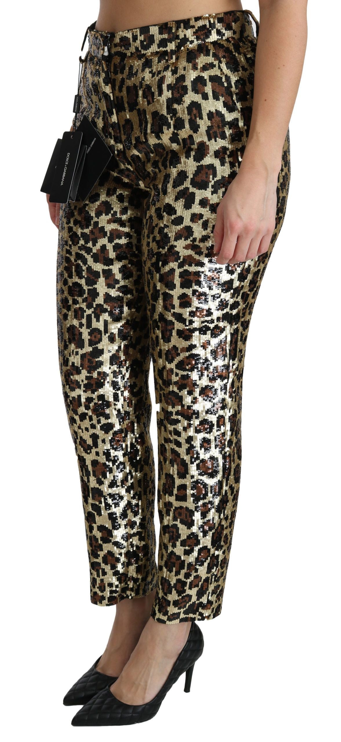 Pantaloni a vita alta con paillettes leopardate marroni Dolce &amp; Gabbana
