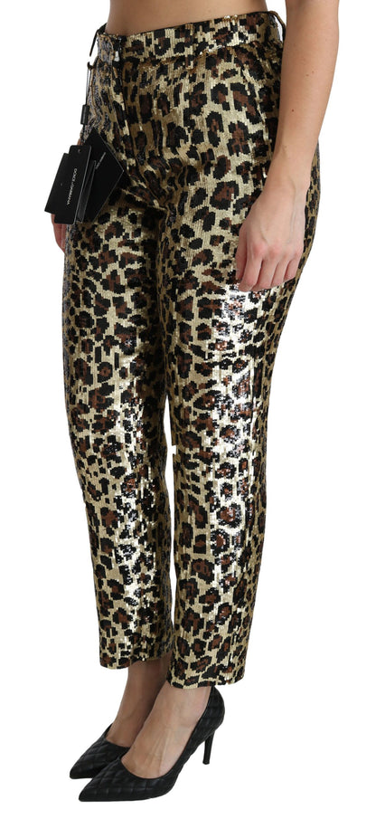 Pantaloni a vita alta con paillettes leopardate marroni Dolce &amp; Gabbana