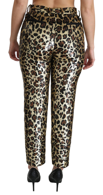 Pantaloni a vita alta con paillettes leopardate marroni Dolce &amp; Gabbana