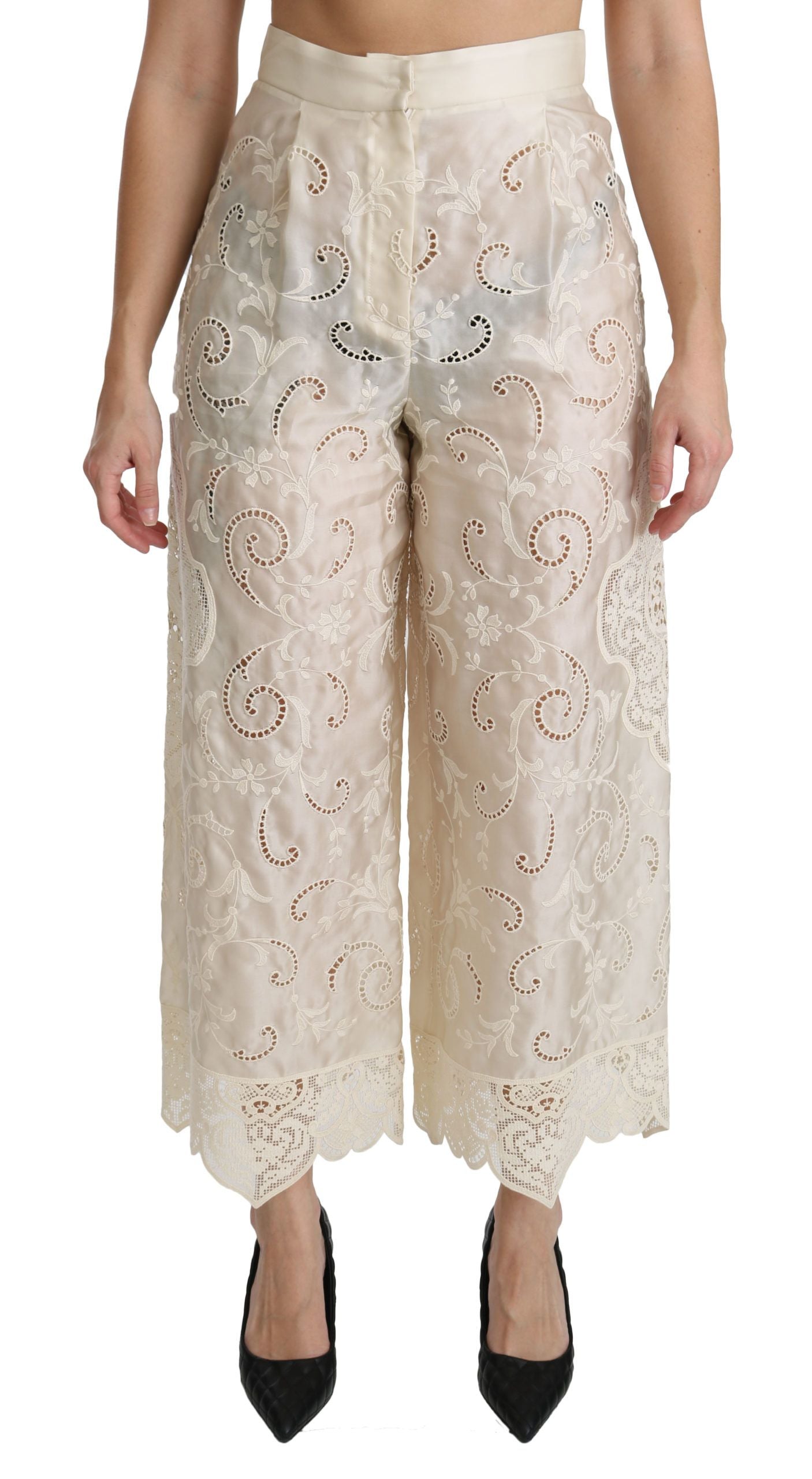 Pantaloni palazzo cropped a vita alta in pizzo color crema Dolce &amp; Gabbana