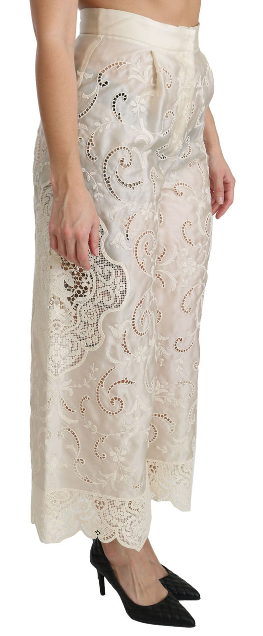 Pantaloni palazzo cropped a vita alta in pizzo color crema Dolce &amp; Gabbana