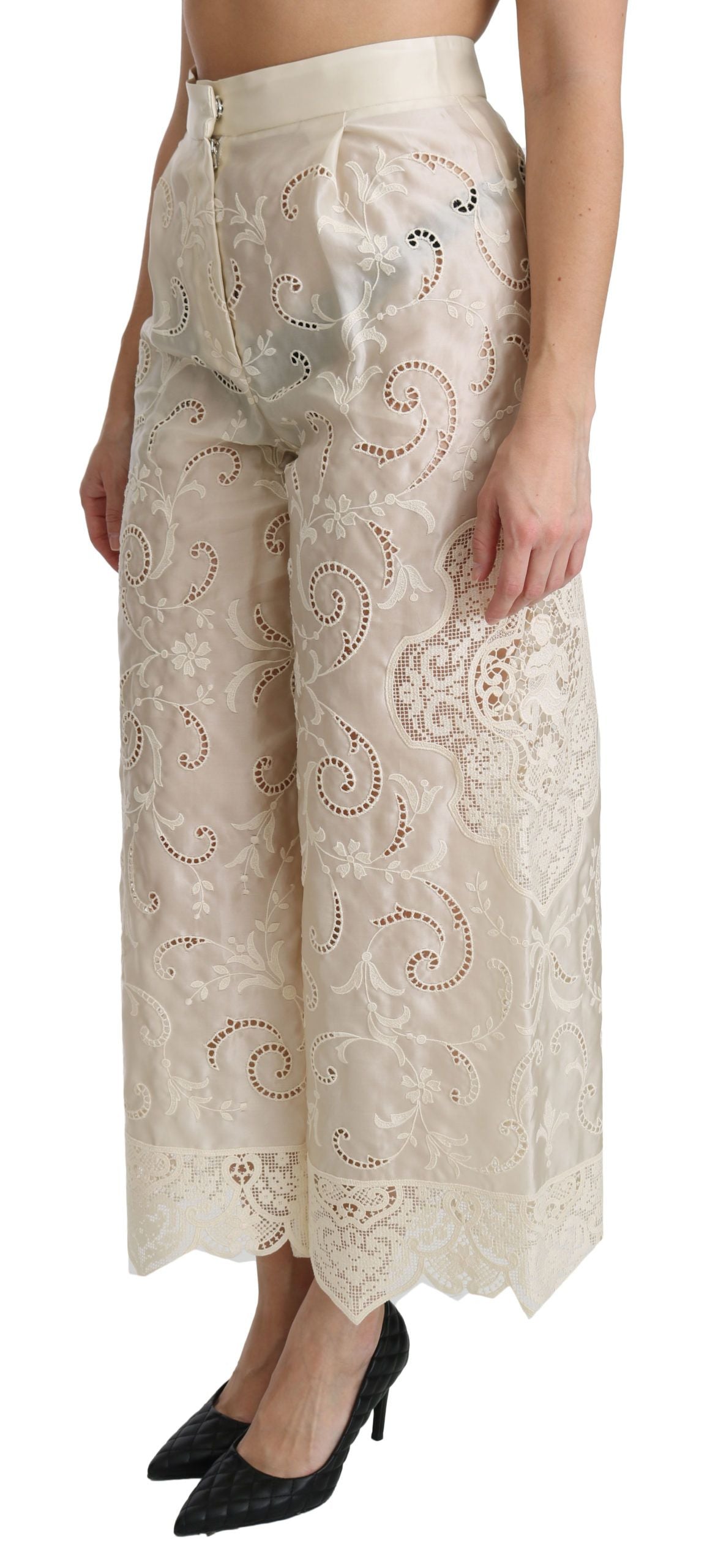 Pantaloni palazzo cropped a vita alta in pizzo color crema Dolce &amp; Gabbana