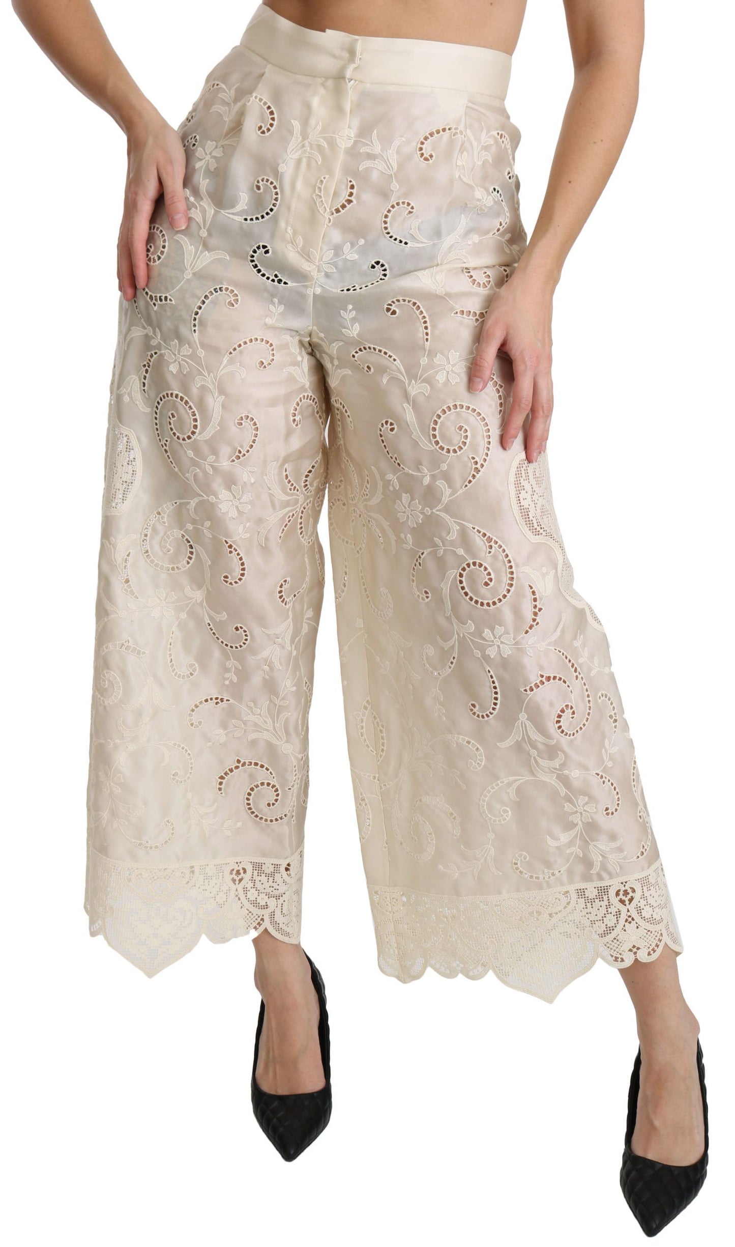 Pantaloni palazzo cropped a vita alta in pizzo color crema Dolce &amp; Gabbana