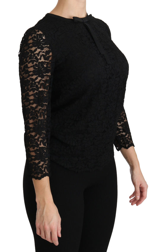 Blusa in nylon a maniche lunghe in pizzo nero Dolce &amp; Gabbana
