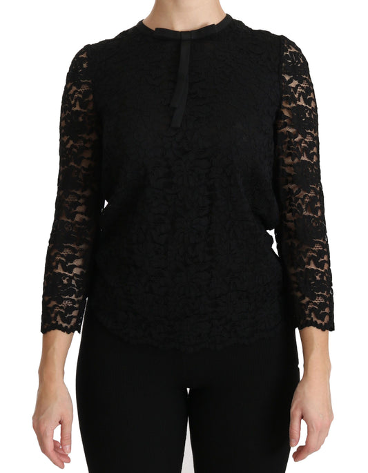 Blusa in nylon a maniche lunghe in pizzo nero Dolce &amp; Gabbana