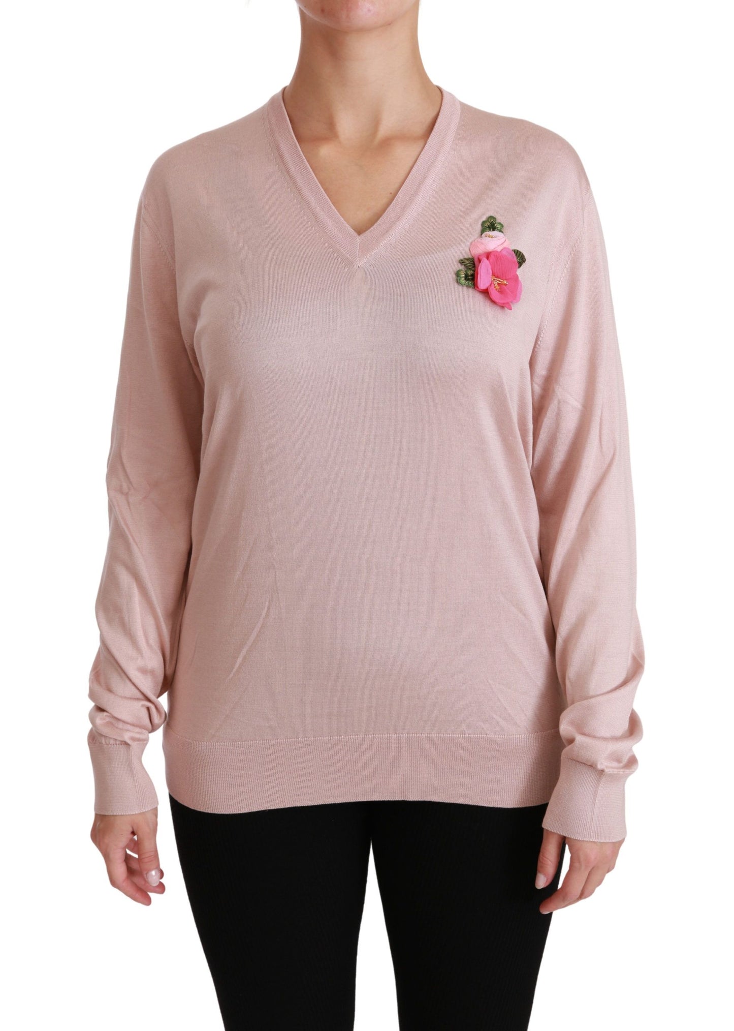 Dolce &amp; Gabbana Maglione in seta con decorazioni floreali rosa