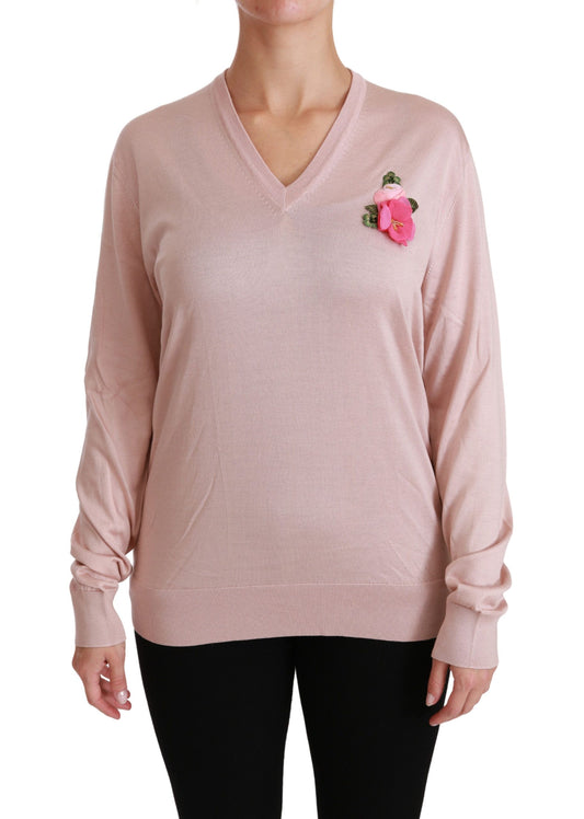 Dolce &amp; Gabbana Maglione in seta con decorazioni floreali rosa