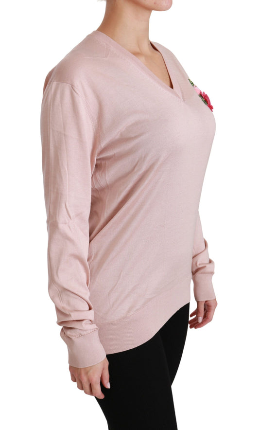 Dolce &amp; Gabbana Maglione in seta con decorazioni floreali rosa