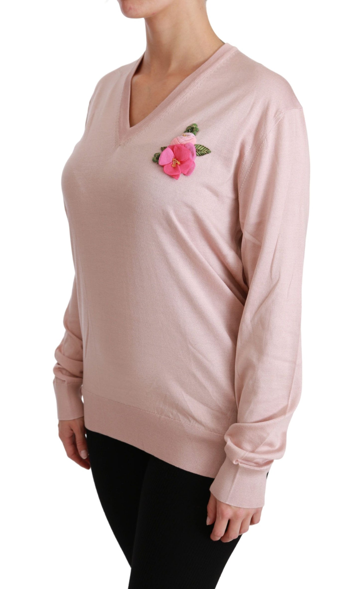 Dolce &amp; Gabbana Maglione in seta con decorazioni floreali rosa