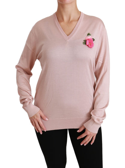 Dolce &amp; Gabbana Maglione in seta con decorazioni floreali rosa
